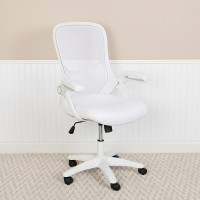 Flash Furniture HL-0016-1-WH-WH-GG High Back White Mesh Ergonomic Swivel Office Chair with White Frame and Flip-up Arms